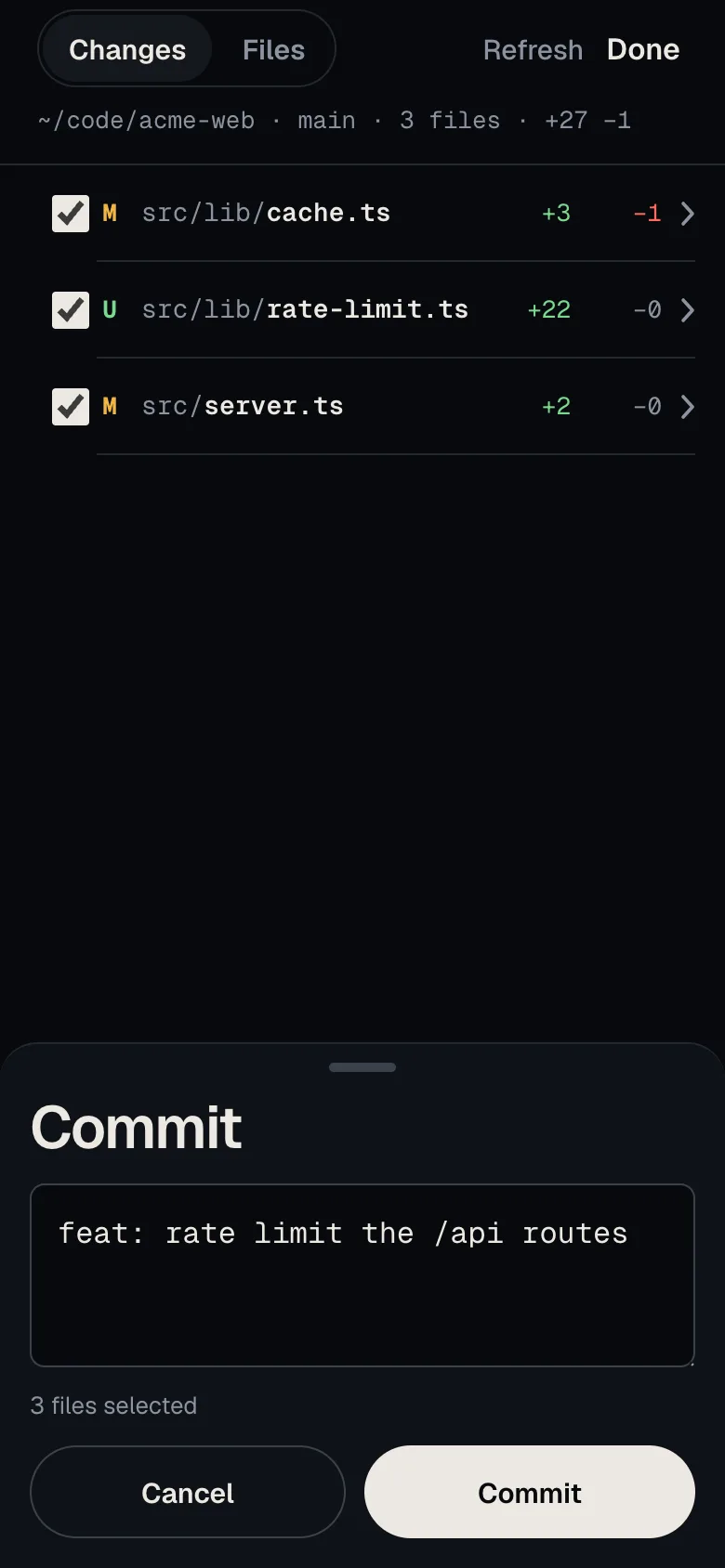The commit sheet shows the message “feat: rate limit the /api routes”, 3 files selected, and the Commit button.