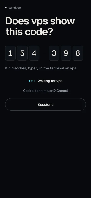 The screen Does vps show this code? with a six-digit code, the text If it matches, type y in the terminal on vps., Waiting for vps, and Codes don’t match? Cancel.