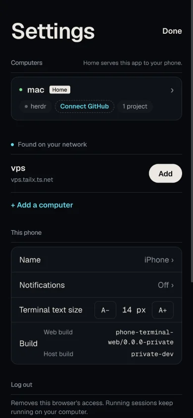 Settings with the Computers card mac (Home, with the chips herdr, Connect GitHub and 1 project), below it Found on your network: vps, vps.tailx.ts.net, and an Add button, then + Add a computer and This phone.