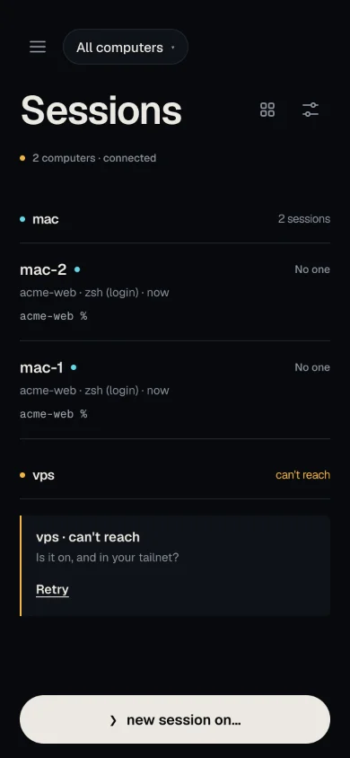 Sessions in All computers: the header mac · 2 sessions over mac-2 and mac-1, the header vps · can’t reach, and the row vps · can’t reach, Is it on, and in your tailnet?, with Retry.