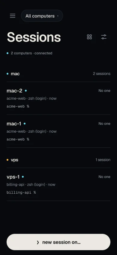 Sessions with the menu button and the pill All computers on top, the line 2 computers · connected, the header mac · 2 sessions over the sessions mac-2 and mac-1, the header vps · 1 session over vps-1, and the button new session on….