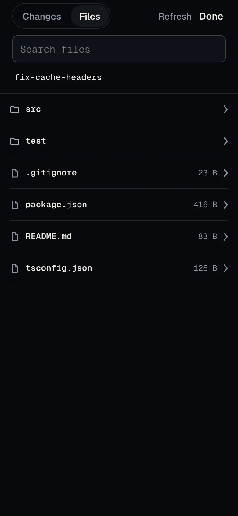 The Files tab of the fix-cache-headers worktree lists the folders src and test first, then .gitignore, package.json, README.md and tsconfig.json with their sizes.