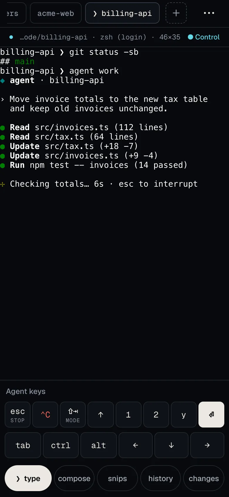 A session with control: the terminal shows the agent working, and the dock below has the agent keys, the key bar and the type, compose, snips, history and changes buttons.