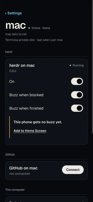 The page of the computer mac: ‹ Settings, mac · Online · Home, mac.tailx.ts.net, Termivoa private-dev · last seen just now; under herdr the row herdr on mac 0.8.2, Running, with the switches On, Buzz when blocked and Buzz when finished turned on and the note This phone gets no buzz yet. with Add to Home Screen; under GitHub the row GitHub on mac, not connected, with Connect; then This computer.