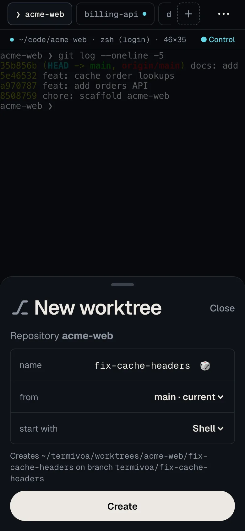 The New worktree sheet shows the name fix-cache-headers, the base branch main, Shell as the start command, and the folder and branch it creates.