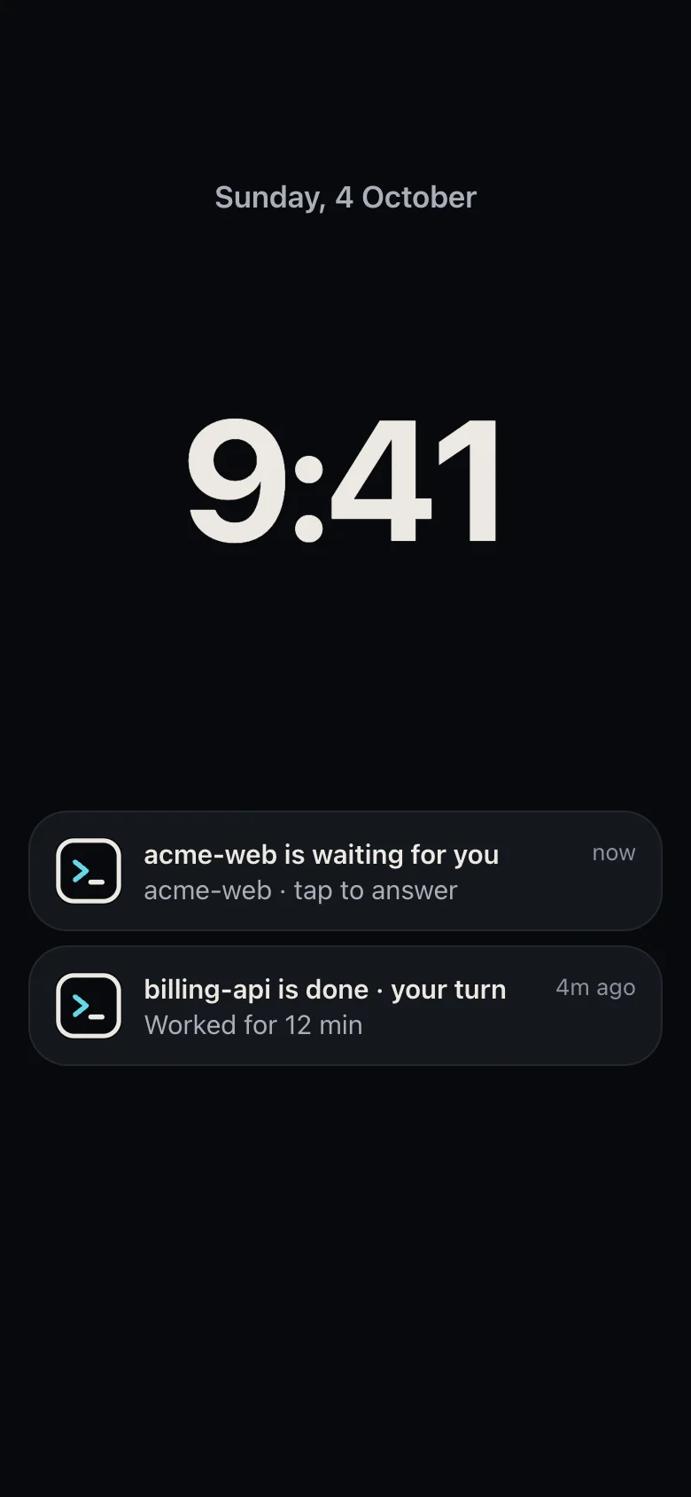 Lock screen with two Termivoa notifications: acme-web is waiting for you, acme-web · tap to answer; and billing-api is done · your turn, Worked for 12 min.