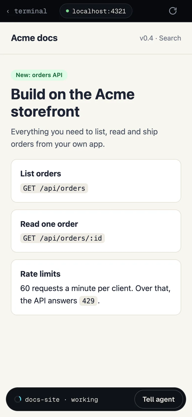 The dev server from localhost:4321 open on the phone: the Acme docs page, with a bar below that says the session docs-site is working and a Tell agent button.
