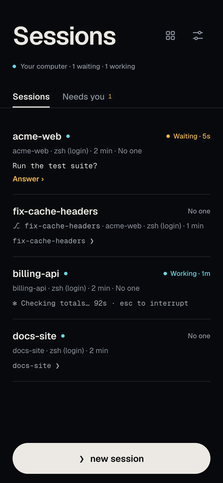 Sessions list on your computer: acme-web waiting with Run the test suite? and Answer, the worktree fix-cache-headers, billing-api working, and docs-site.